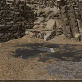 Cave Interior With Stone Walls Bench Gravel Floor Black Patches And Metal Grate