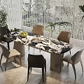 Modern Dining Table Surrounded by Six Chairs With Fruits Plate Plants and Window Blinds