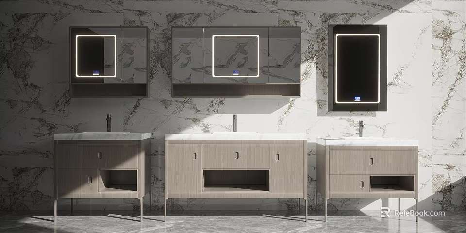 Modern Bathroom Vanity With Marble Wall And Backlit Mirrored Cabinets 3d model