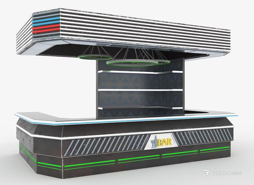 Modern Reception Desk With Striped Design Multiple Shelves Green Accents And DAK Logo 3d model 