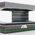 Modern Reception Desk With Striped Design Multiple Shelves Green Accents And DAK Logo