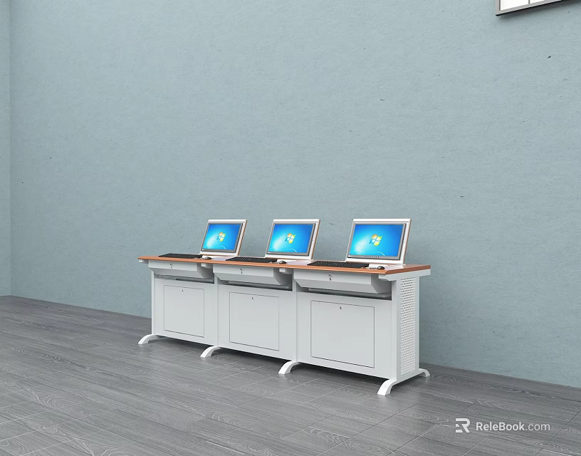 Office Work Desks With Wooden Tops White Cabinets And Laptops Against Light Blue Wall 3d model 