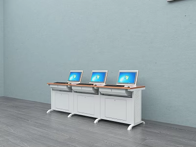 Office Work Desks With Wooden Tops White Cabinets And Laptops Against Light Blue Wall 3d model