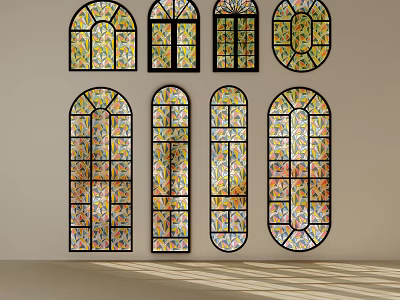 Vintage Casement Windows With Stained Glass Panels Arranged On Wall 3d model