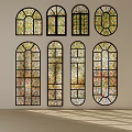 Vintage Casement Windows With Stained Glass Panels Arranged On Wall