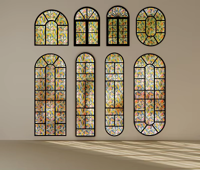 Vintage Casement Windows With Stained Glass Panels Arranged On Wall 3d model