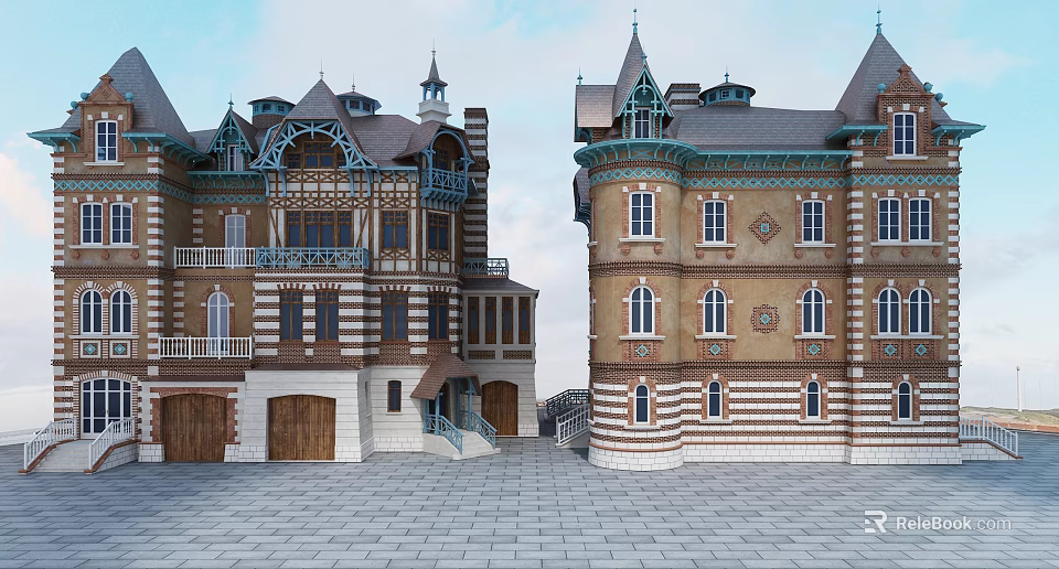 Elegant European Style Detached Villa With Spire Tower Balcony And Striped Walls 3d model 
