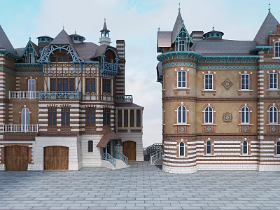 Elegant European Style Detached Villa With Spire Tower Balcony And Striped Walls 3d model