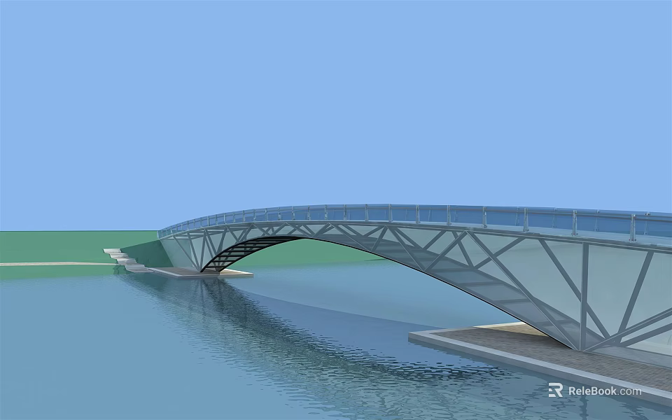 Modern Steel Arch Bridge With Glass Railing Over Calm Water Scenic View 3d model 