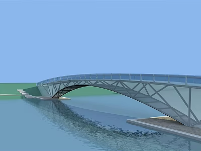 Modern Steel Arch Bridge With Glass Railing Over Calm Water Scenic View 3d model