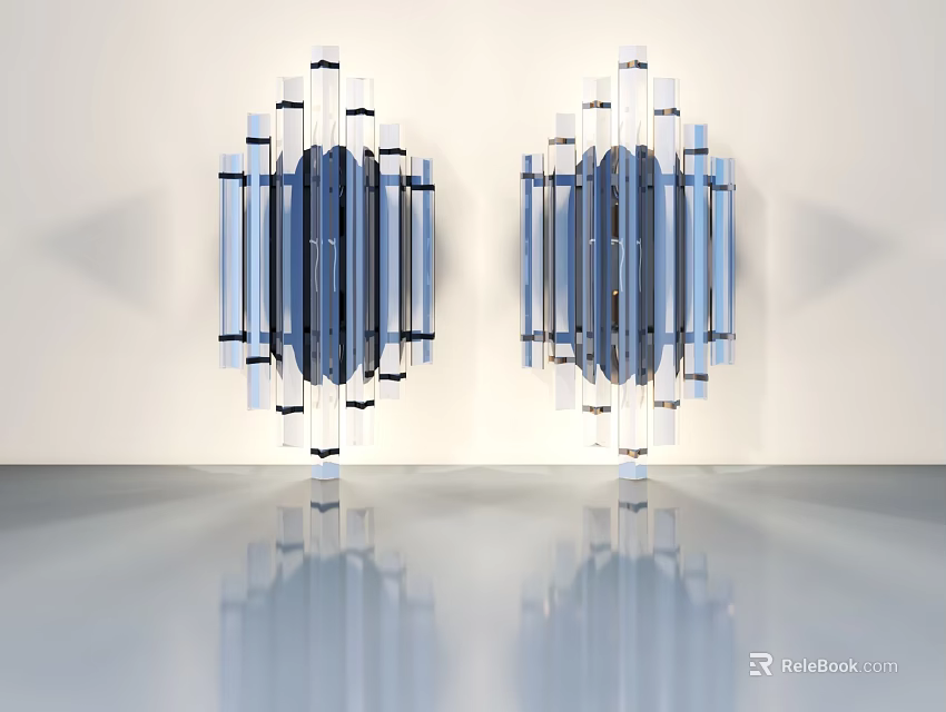 Blue Transparent Glass Hinged Doors With Black Line Decorations White Wall And Floor Reflection 3d model 