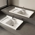 Modern White Washbasins On Gray Tiered Counter With Faucets And Window Blinds