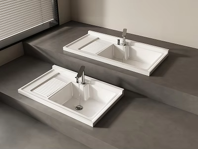 Modern White Washbasins On Gray Tiered Counter With Faucets And Window Blinds 3d model