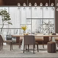Modern Restaurant Interior With Dining Table Chairs Pendant Lights Large Windows And Fireplace 3d model