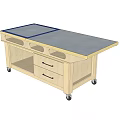 Industrial Equipment Workbench with Black Countertop Blue Borders White Cabinet Drawers and Wheels