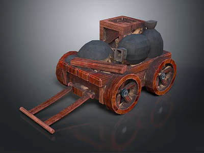 Ancient Wooden Cart Structure With Black Round Containers And Wooden Wheels 3d model