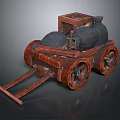 Ancient Wooden Cart Structure With Black Round Containers And Wooden Wheels