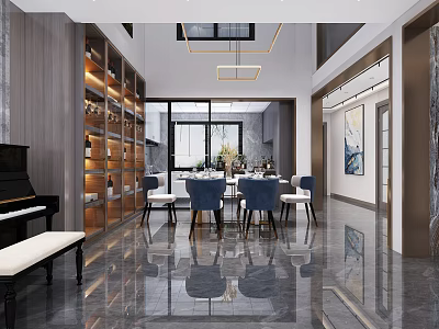 Modern Restaurant Interior With Open Layout Dining Table Blue Chairs Piano And Hanging Lights 3d model