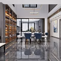 Modern Restaurant Interior With Open Layout Dining Table Blue Chairs Piano And Hanging Lights
