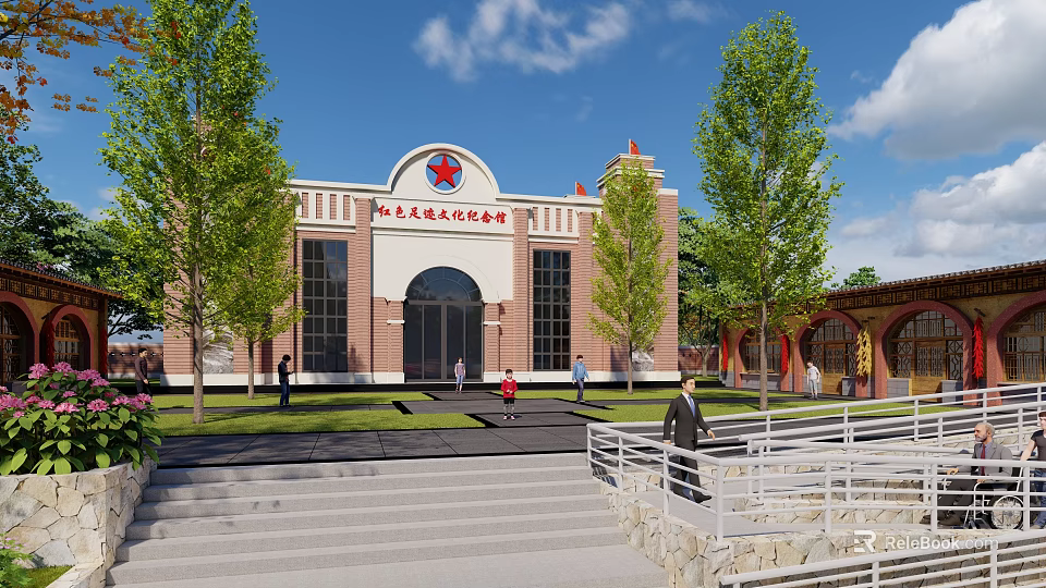 Community Cultural Activity Center Red White Building With Arched Entrance Steps And Trees 3d model 