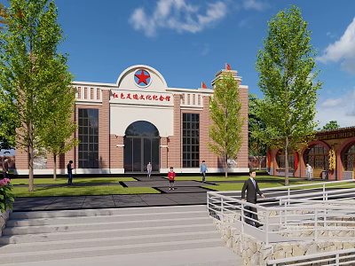 Community Cultural Activity Center Red White Building With Arched Entrance Steps And Trees 3d model