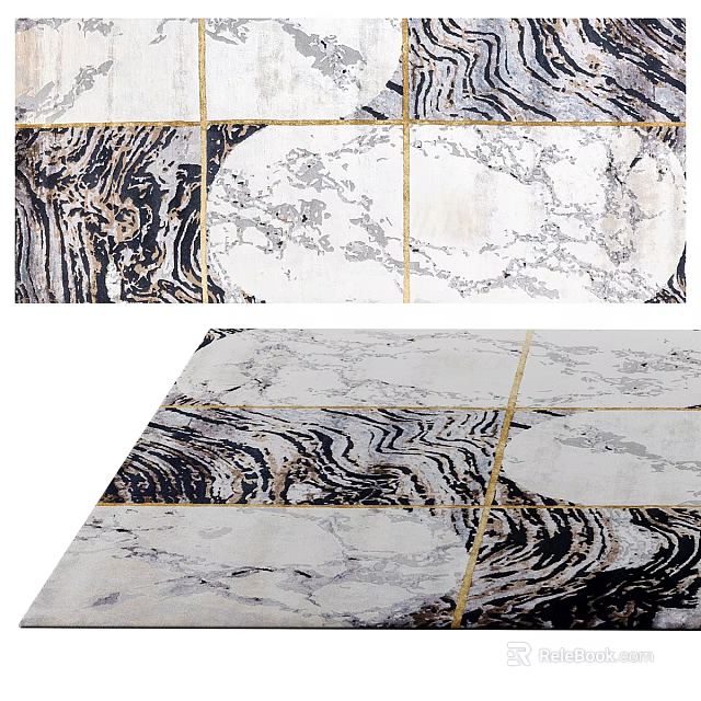 Square Rug Featuring Marble Pattern And Gold Lines 3d model 