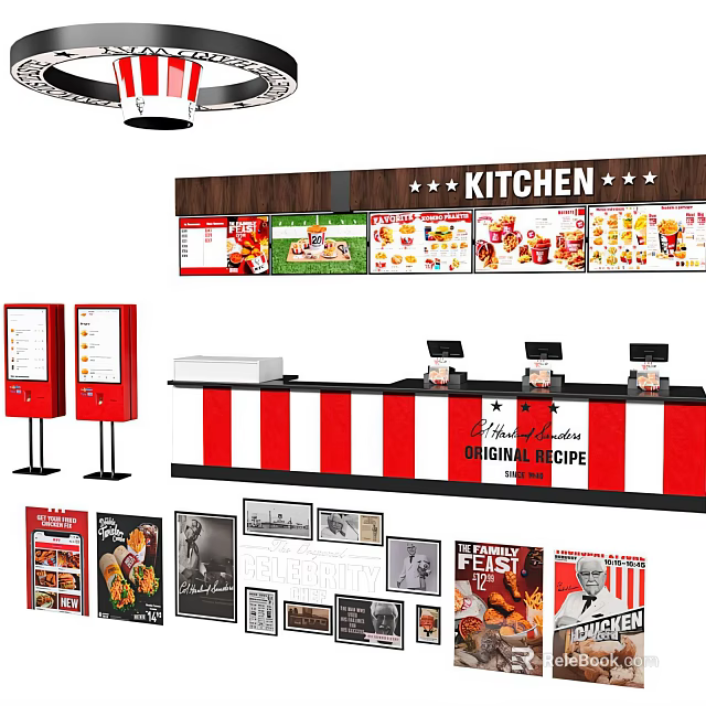 Hotel Lobby Interior with Front Desk Red White Striped Counter and Kitchen Dining Decor Posters 3d model 
