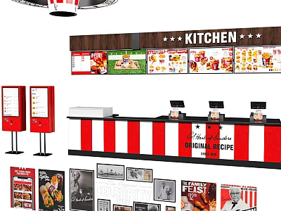 Hotel Lobby Interior with Front Desk Red White Striped Counter and Kitchen Dining Decor Posters 3d model