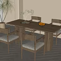 Modern Wooden Dining Table Set With Four Chairs Woven Seats And Fruits On Tray