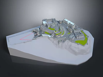 Ancient Architecture 3D Model on Cliff with Courtyard Pathways and Green Areas 3d model