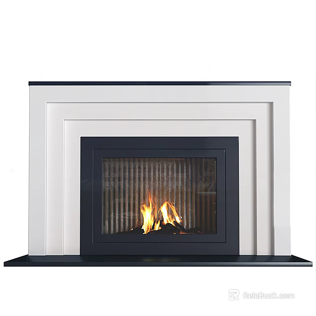 Modern Fireplace Design With White Frame Black Door And Burning Flames 3d model 