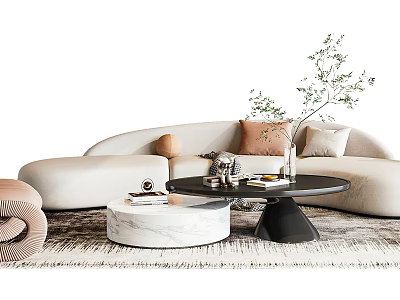 Modern Curved Sofa and Coffee Table Set With Beige Pillows Marble Top and Decorative Plant 3d model