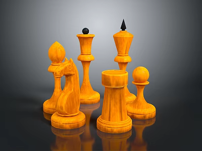 Wooden Chess Pieces With Different Shapes On Dark Background And Reflection 3d model