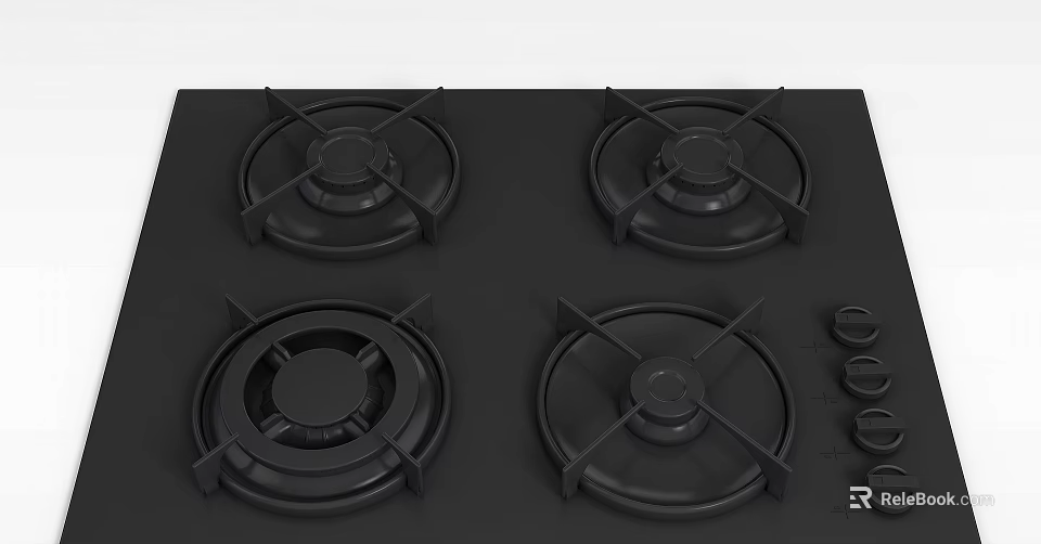 Kitchen Storage Cabinets With Black Gas Stove Four Burners And Control Knobs 3d model