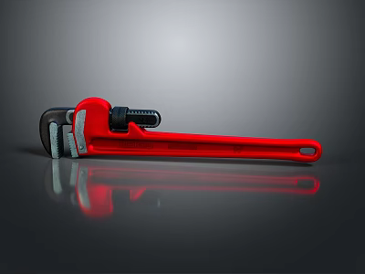 Red Pipe Wrench Tool Placed On Black Reflective Surface Background 3d model