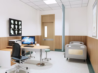 Clean Medical Examination Room With Desk Computer Chair Medical Bed And Wall Charts 3d model