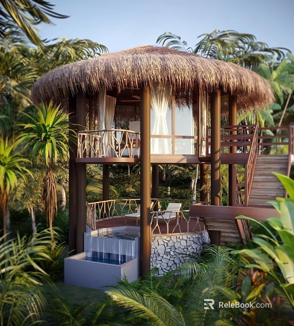 Two Story Thatched Cottage with Wooden Railings Stairs Tropical Plants and Terrace Pool 3d model 