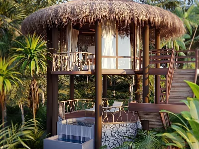 Two Story Thatched Cottage with Wooden Railings Stairs Tropical Plants and Terrace Pool 3d model