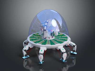 Modern Futuristic Structure With Transparent Dome Green Platform And Mechanical Legs 3d model