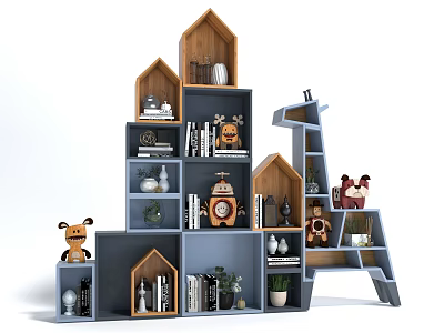 Creative Decorative Cabinet With House Shaped Compartments Shelves Holding Books Decor Items And Small Plants 3d model