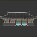 Cartoon Scene Traditional Korean Building With Gray Tiled Roof Red Decorations Blue Windows And Reflection