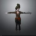 Child Character with Green Bun Hairstyle White Face Brown Coat Red Belt and Mechanical Arm