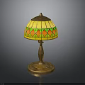 Vintage Table Lamp With Stained Glass Shade Yellow Green Red Diamond Pattern And Golden Base