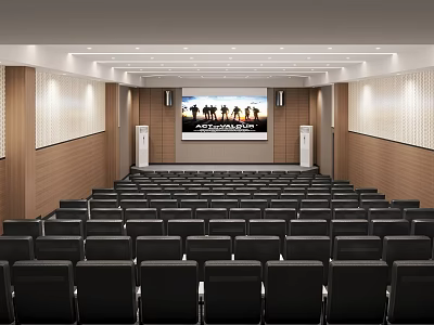 Modern Conference Room with Rows of Black Seats Large Screen Wooden Walls and Bright Lighting 3d model