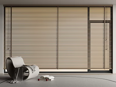 Modern Light Brown Wooden Venetian Blinds Interior Design With Armchair Rug And Books 3d model