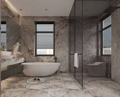 Luxurious Modern Bathroom With Marble Walls Freestanding Bathtub Glass Shower And Vanity 3d model