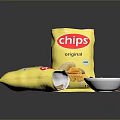 Original Chips Open Bag With Scattered Pieces And Small Bowl Of Snacks