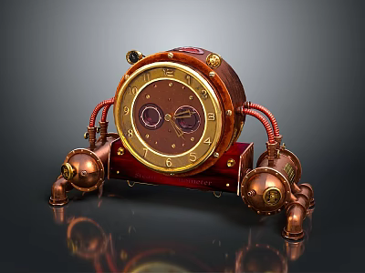 Steampunk Vintage Mechanical Clock With Copper Pipes Red Base And Round Dial 3d model