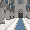 Religious Faith Inspired Church Interior With Gothic Arches Stained Glass And Blue Banners