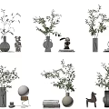 Decorative Vases With Green Plants On Modern Two Tier Shelves And Ornaments Books Table Lamp